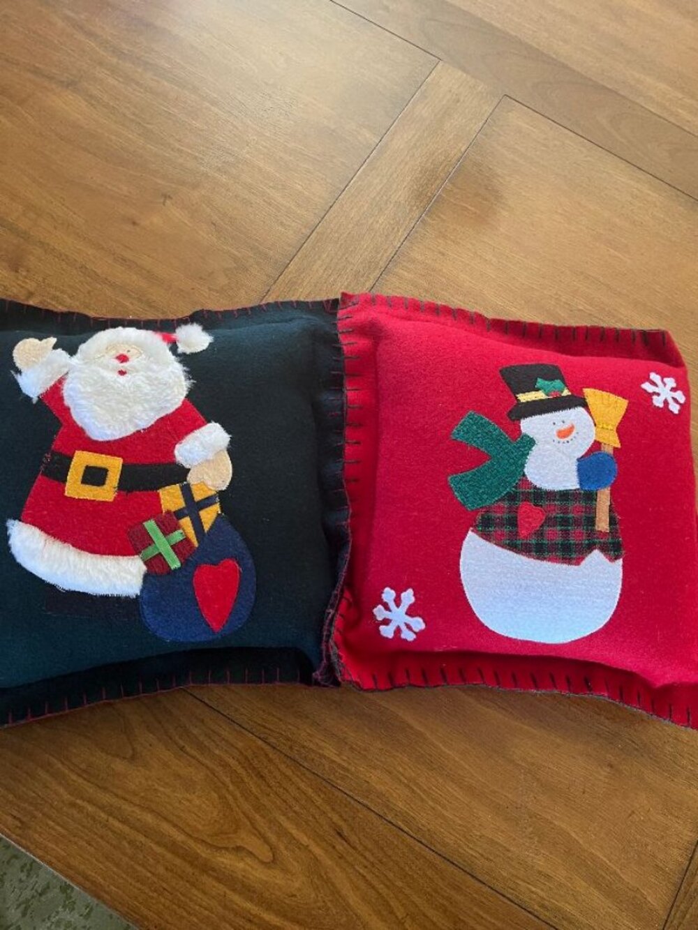Set of 2 Vintage 12-Inch Square Christmas Pillows with Santa & Snowman Applique